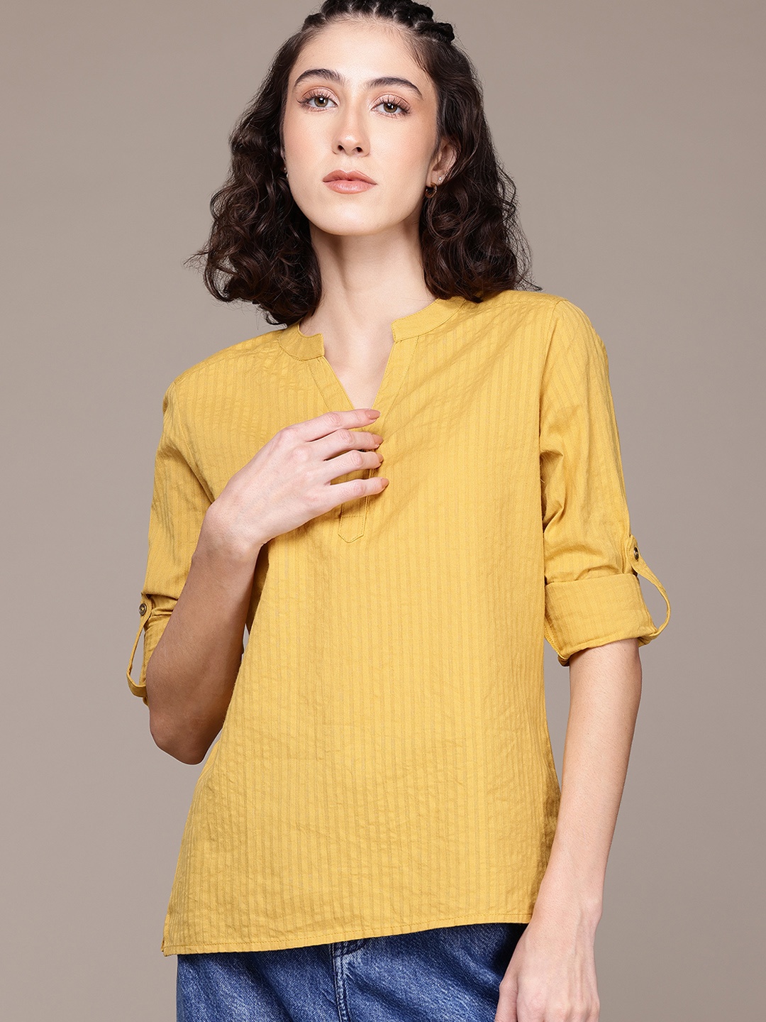 

Roadster Striped Mandarin Collar Roll-Up Sleeves Top, Yellow