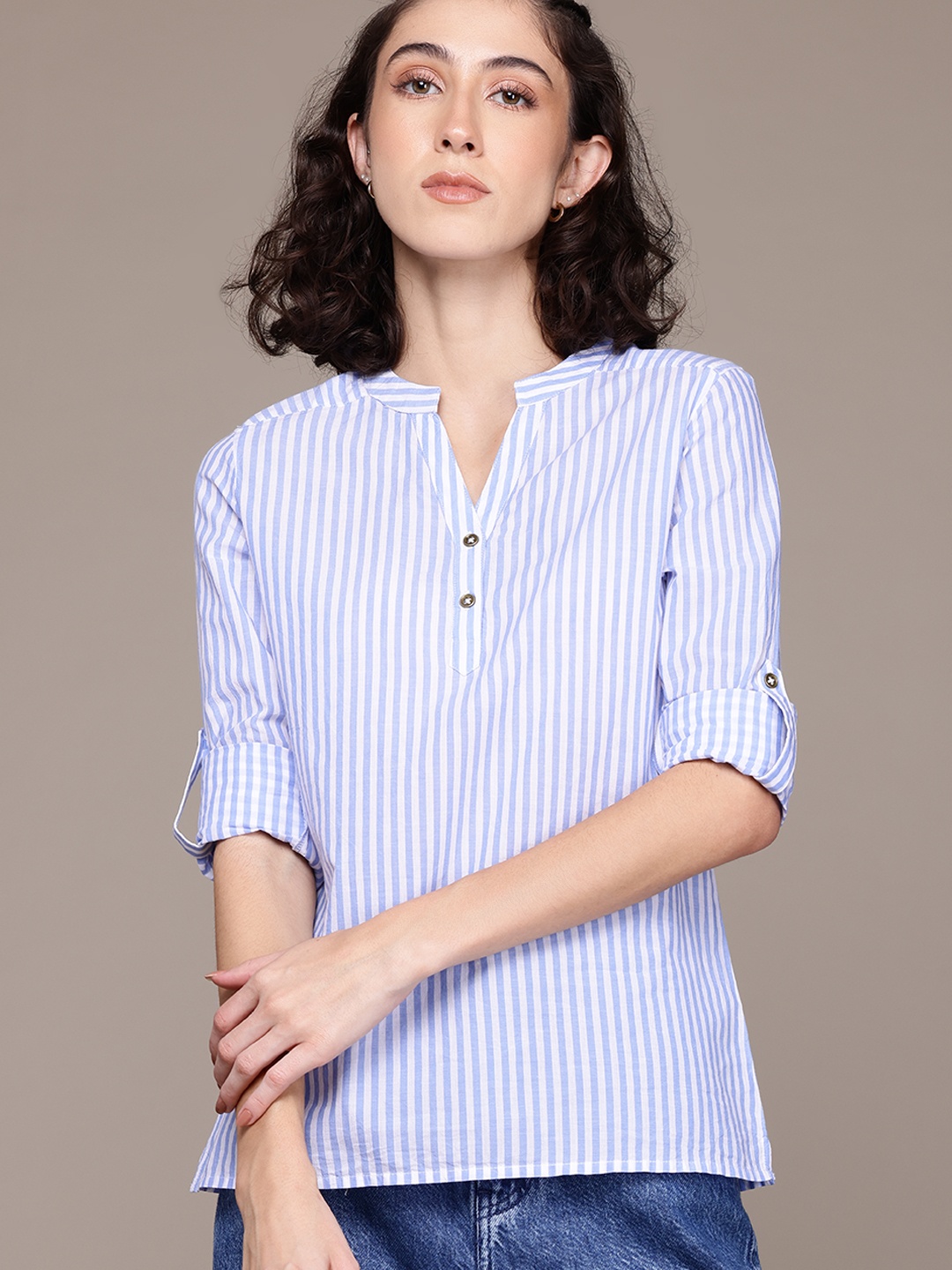 

Roadster Mandarin Collar Roll-Up Sleeves Pure Cotton Shirt Style Top, Blue