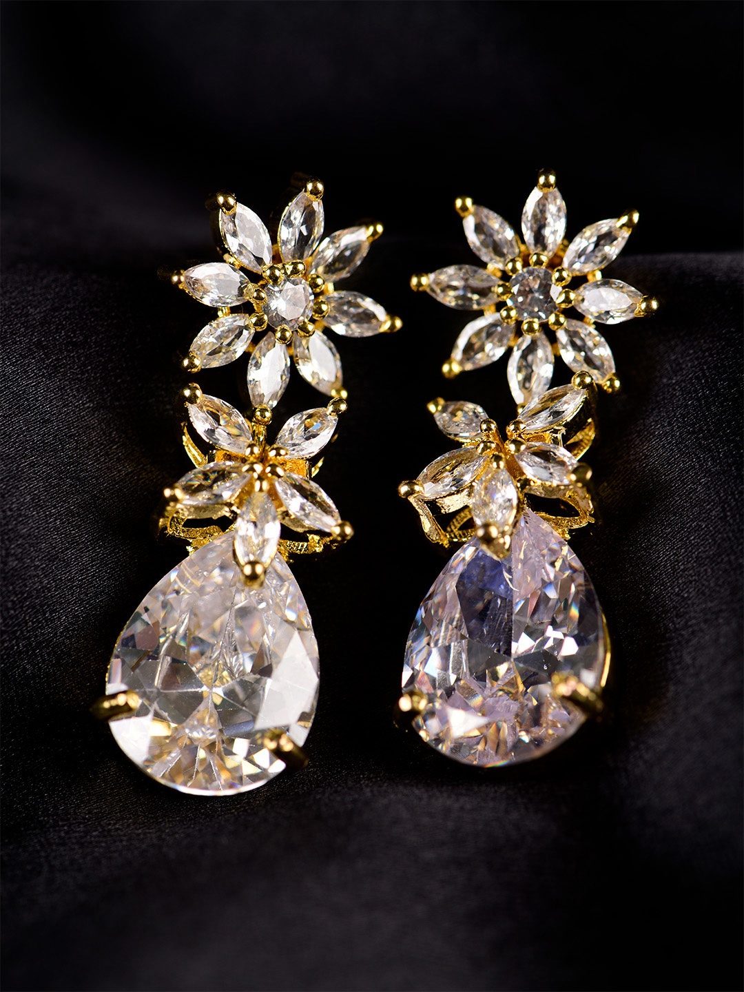 

SHARLEEZ Rhodium-Plated American Diamond Floral Drop Earrings, White