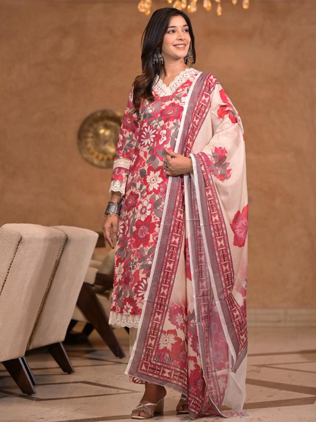 

KALINI Floral Printed Straight Kurta With Trousers & Dupatta, Pink