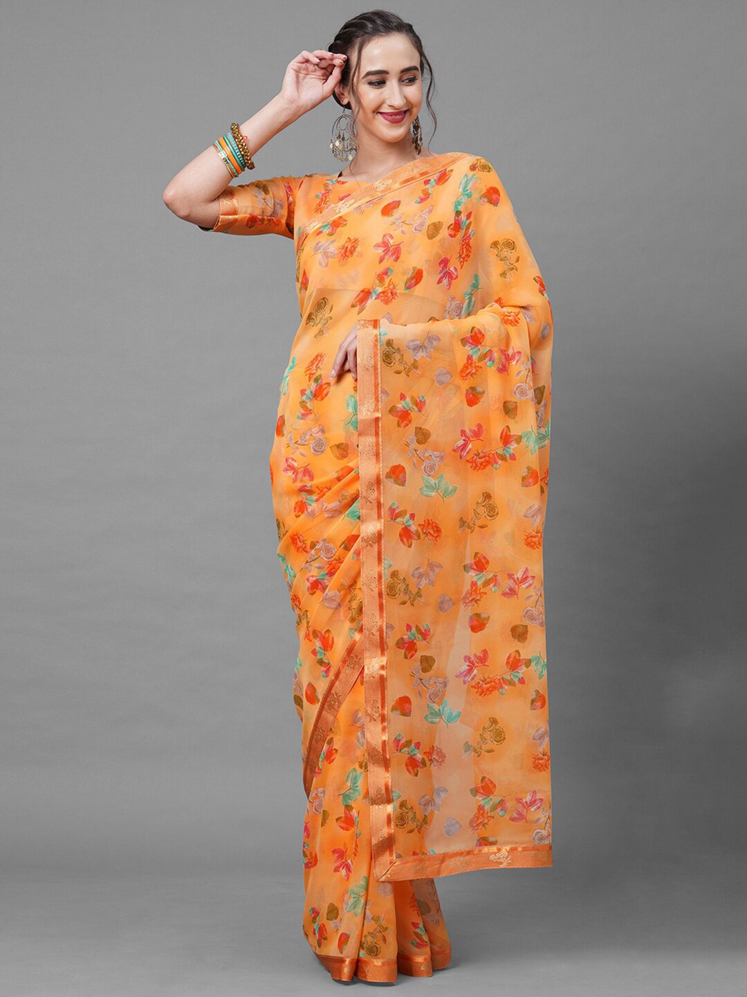 KALINI Floral Printed Zari Saree, Mustard