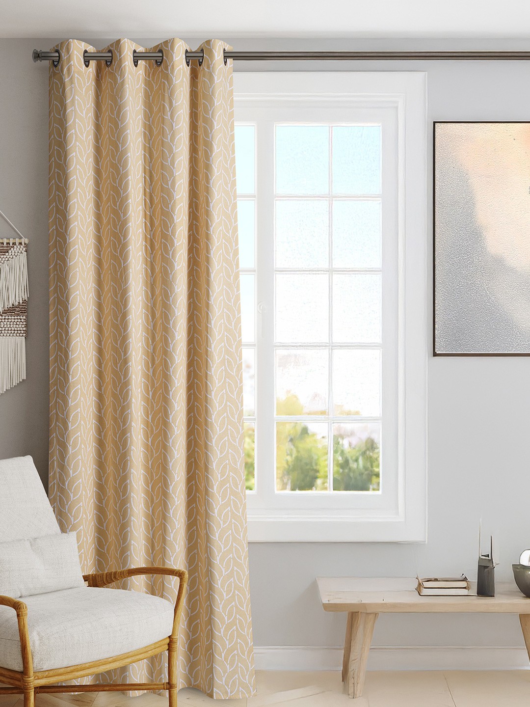 BLANC9 Yellow & White Floral Printed Black Out Door Curtain