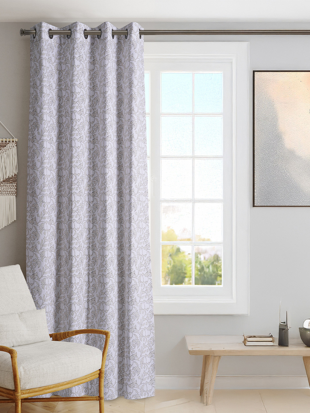 

BLANC9 White & Grey Floral Printed Black Out Door Curtain