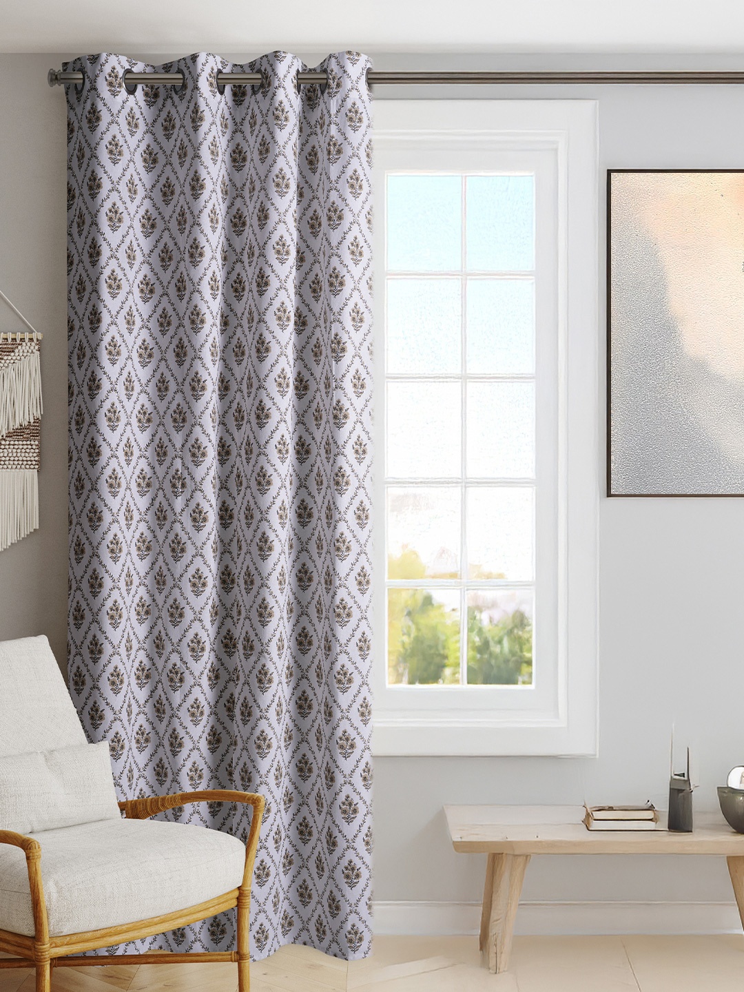 BLANC9 White & Brown Floral Printed Door Curtain