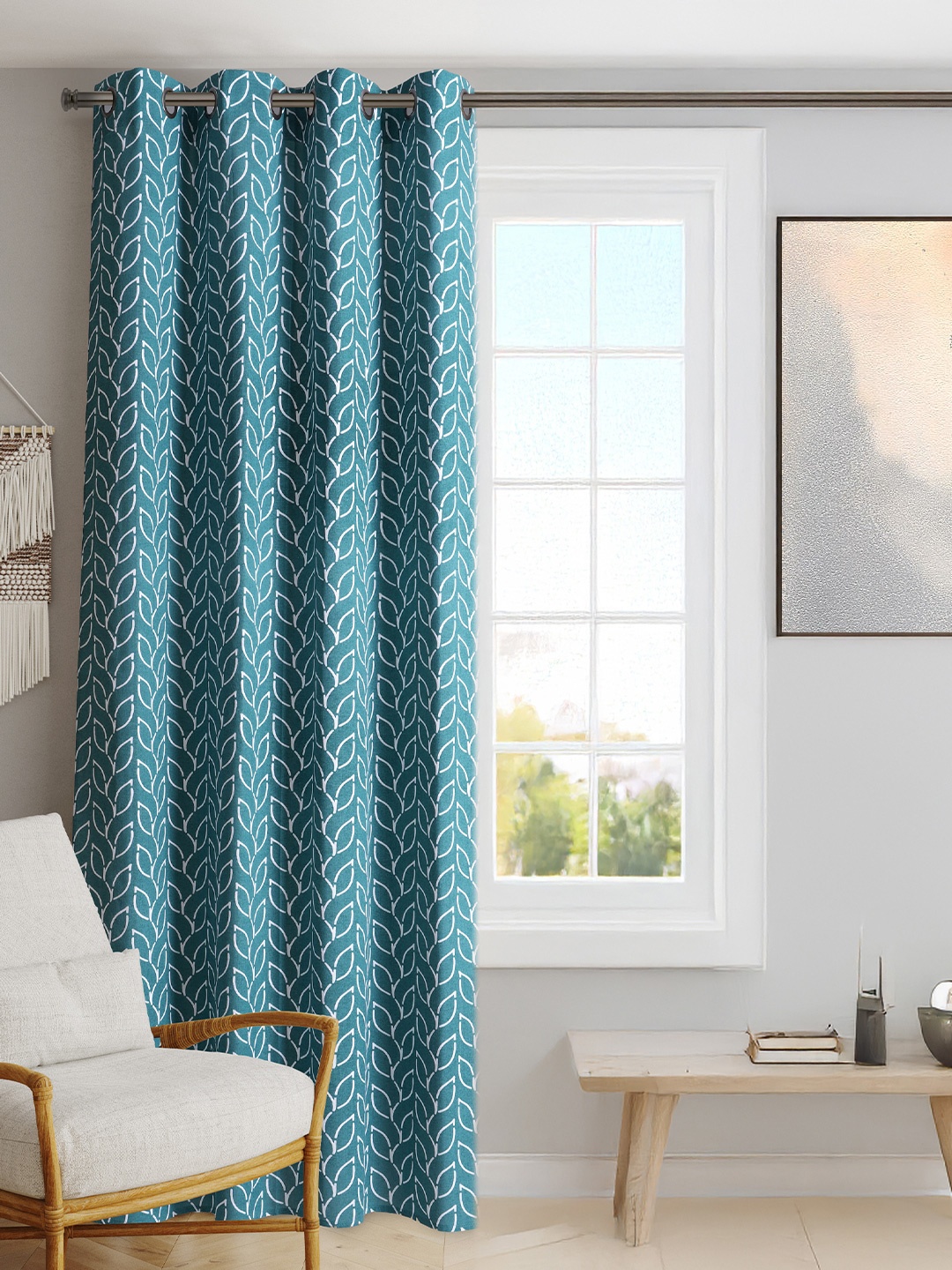BLANC9 Blue & White Floral Printed Door Curtain