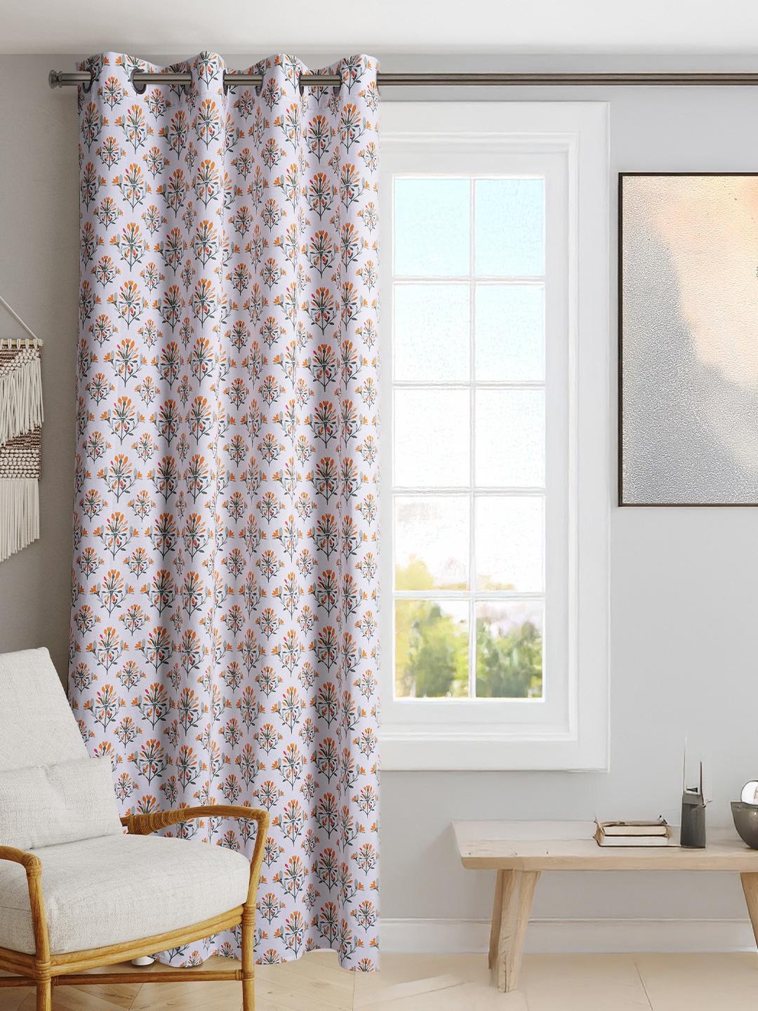 

BLANC9 White & Orange Floral Printed Door Curtain