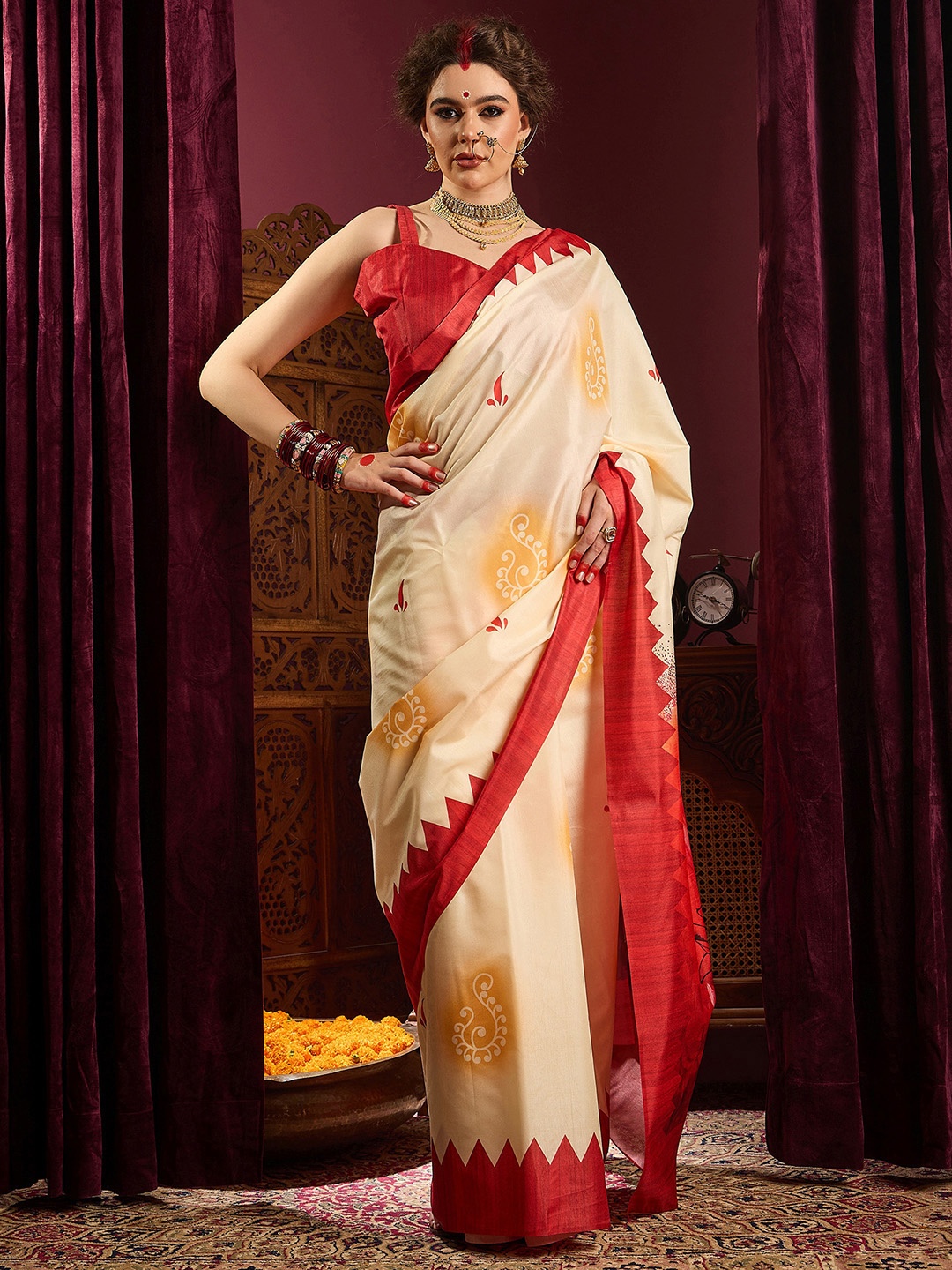 

Saree mall Ethnic Printed Durga Puja Saree, Off white