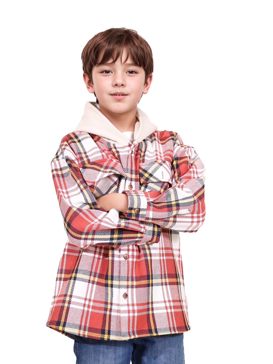 

Whistle & Hops Boys Tartan Checks Printed Pure Cotton Hood Shirt, Red