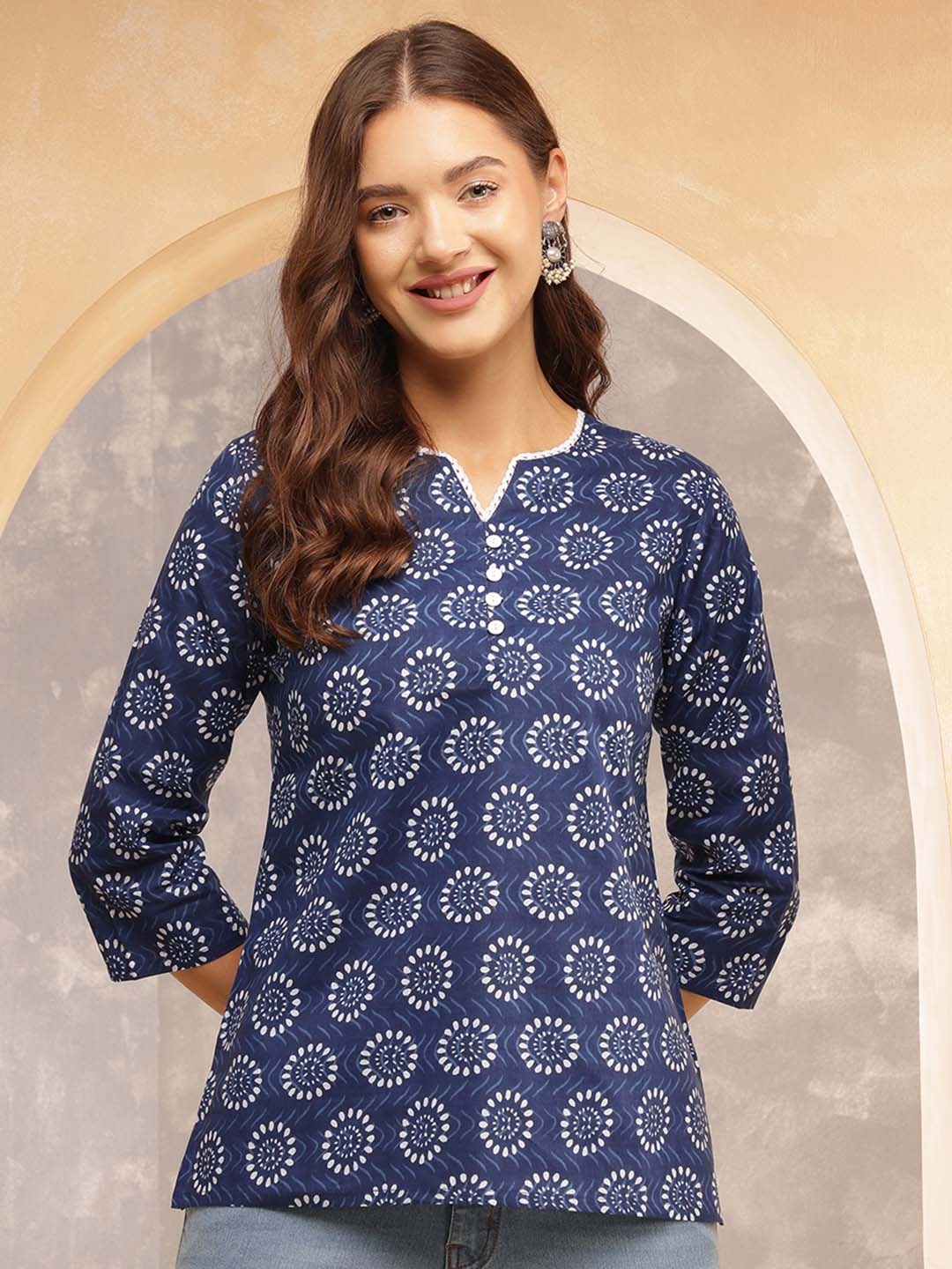 

Anouk Rustic Women Floral Printed Round Neck Cotton Top, Navy blue