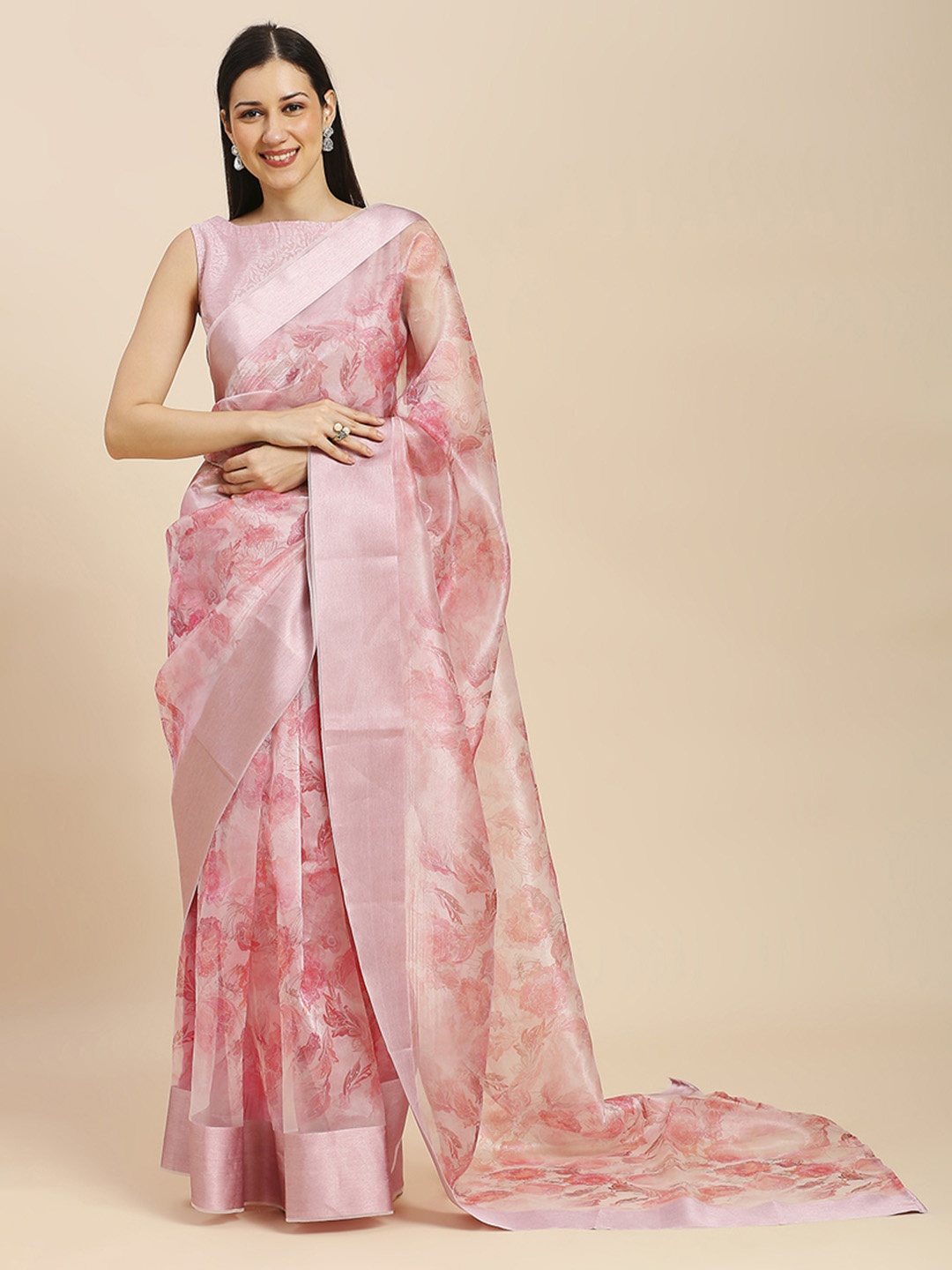 

ASISA Floral Printed Organza Saree, Peach