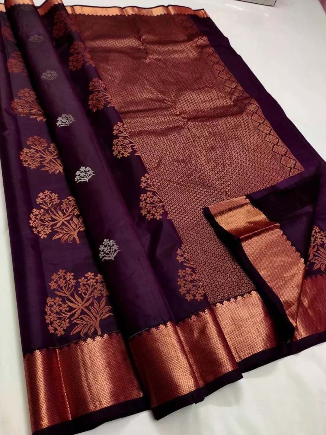 

QENY Woven Design Zari Banarasi Saree, Purple