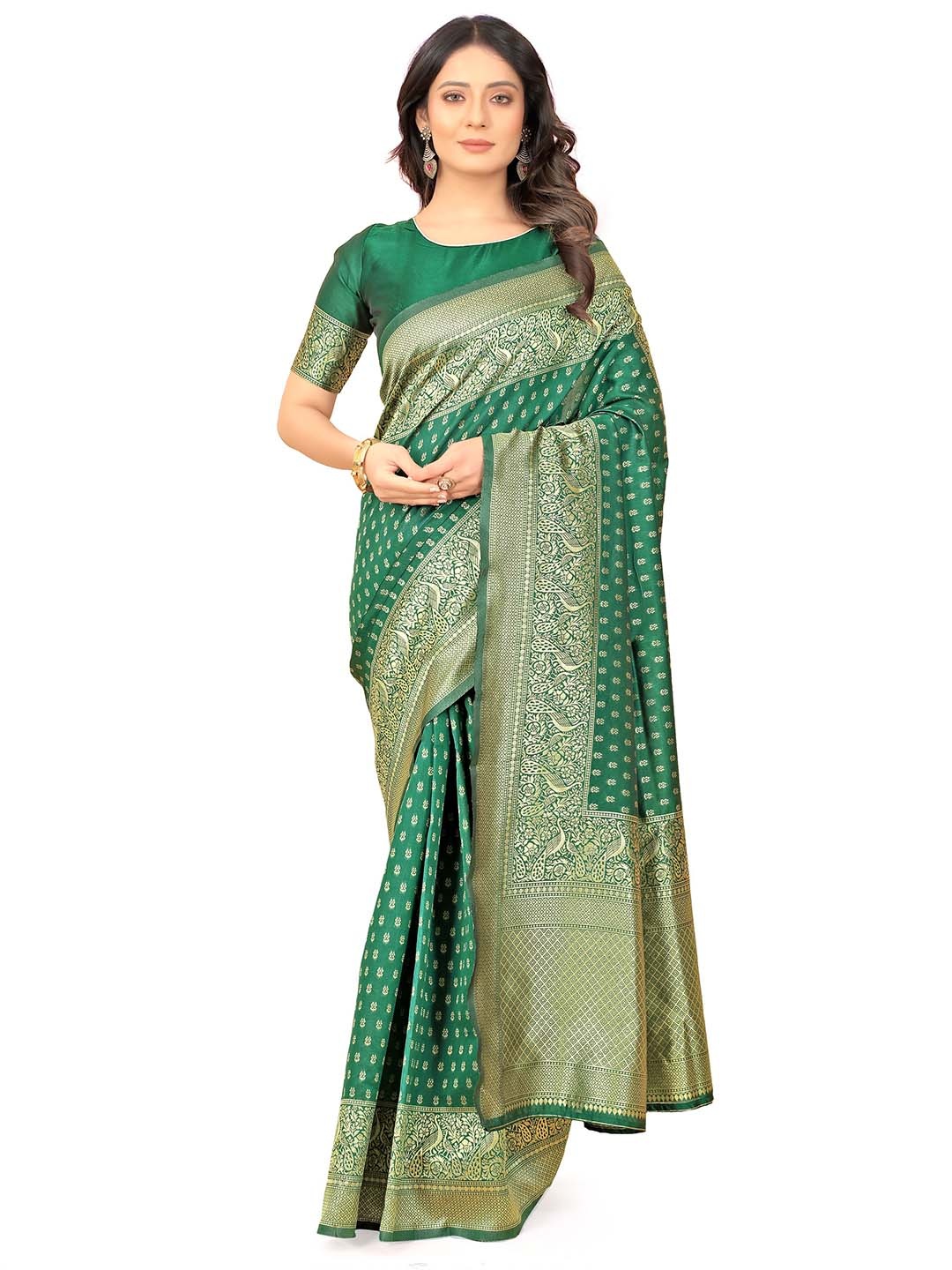 

QENY Woven Design Zari Banarasi Saree, Green