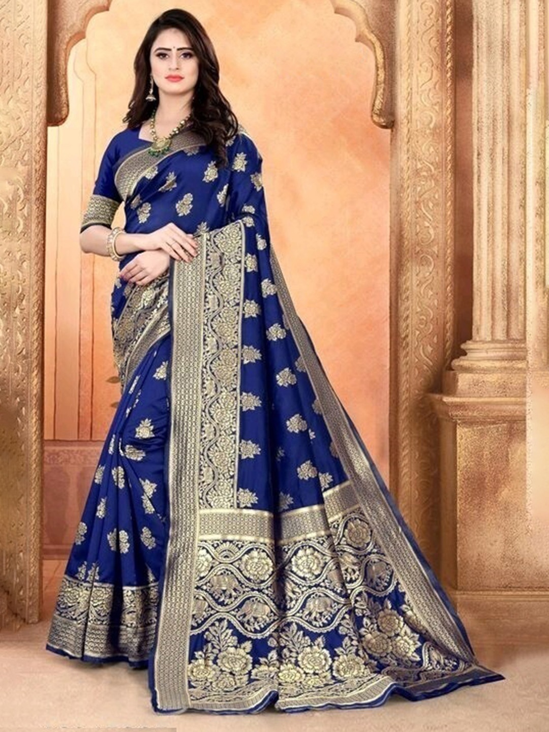 

QENY Woven Design Zari Banarasi Saree, Navy blue