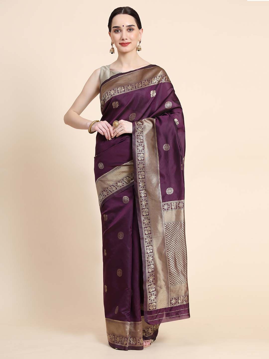 

QENY Ethnic Motifs Zari Banarasi Saree, Purple