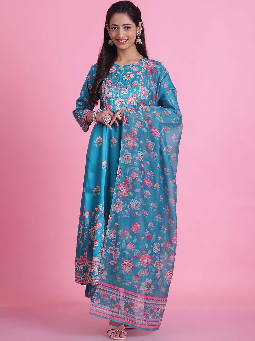 

Anouk Women Floral Printed Regular Kurta with Trousers & With Dupatta, Turquoise blue