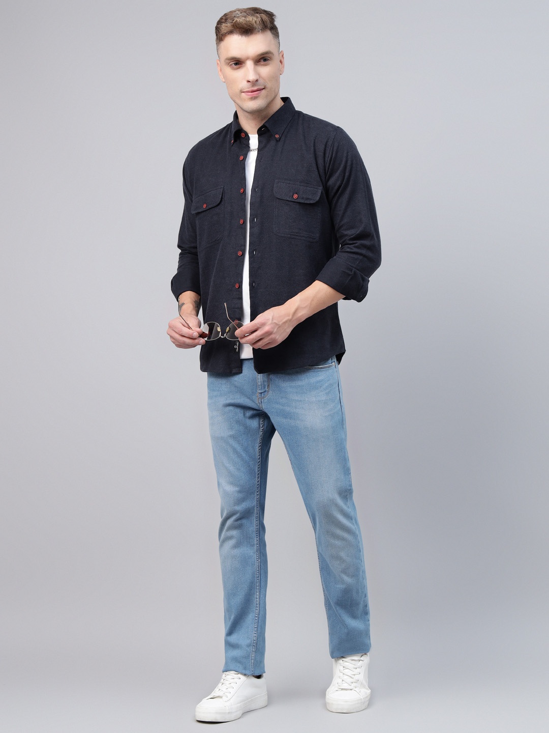 

Hancock Men Button-Down Collar Solid Cotton Flannel Slim Fit Casual Shacket, Navy blue