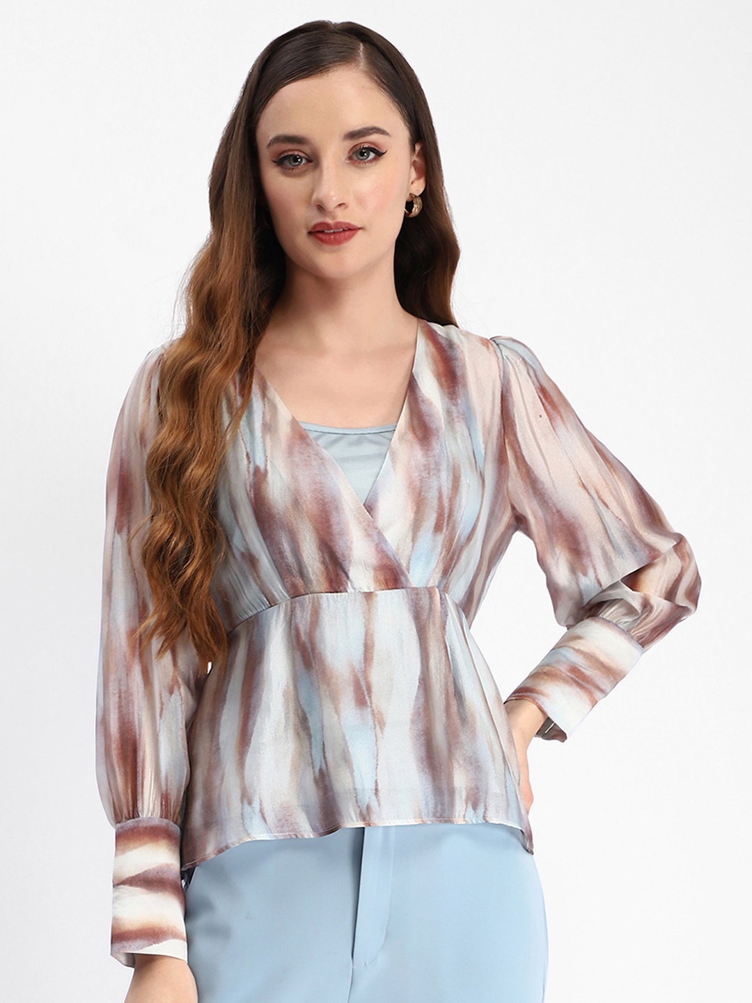 

Madame Women Abstract Printed V-Neck Nylon Top, Blue