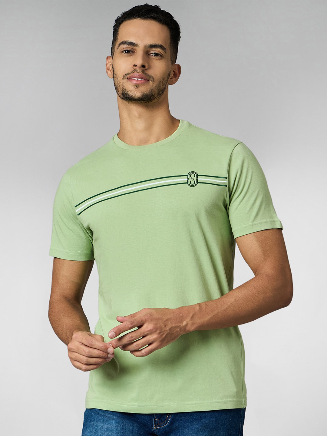 

LOUIS STITCH Men Super Combed Cotton Striped Round Neck T-shirt, Green