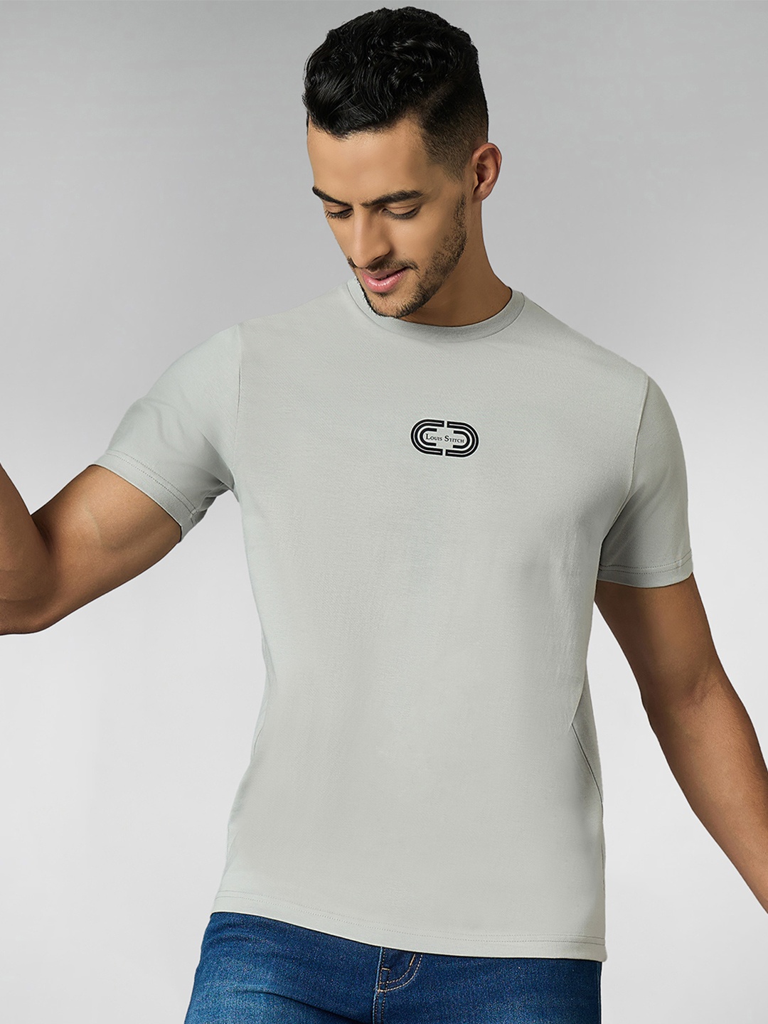 

LOUIS STITCH Men Super Combed Cotton Grey Regular Fit Round Neck T-Shirt