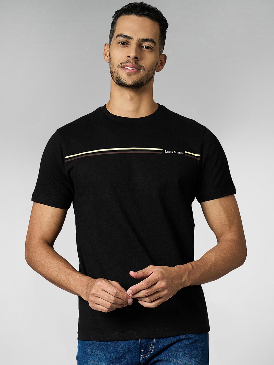 

LOUIS STITCH Men Super Combed Cotton Black Regular Fit Round Neck T-Shirt