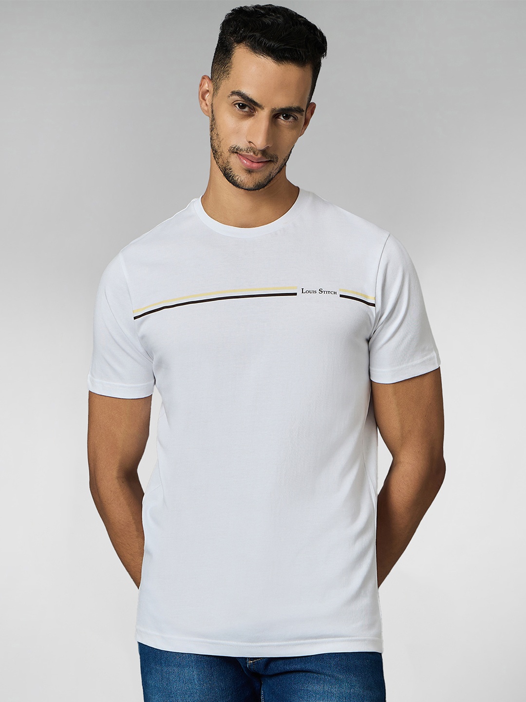 

LOUIS STITCH Men Super Combed Cotton White Regular Fit Round Neck T-Shirt