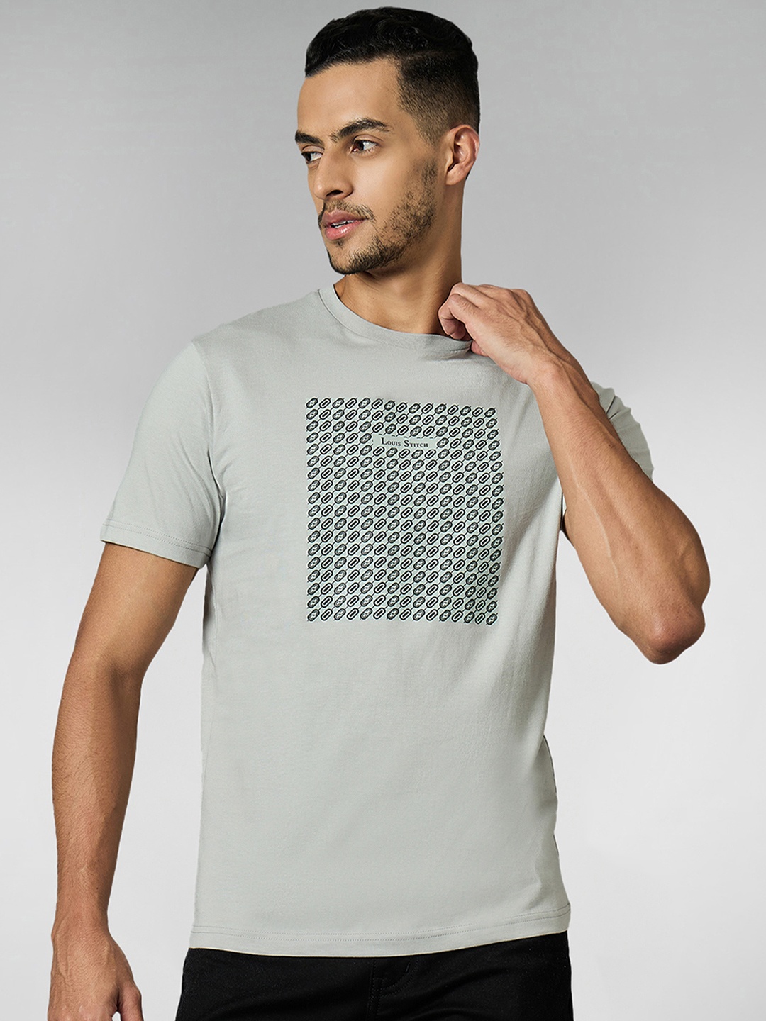 

LOUIS STITCH Men Super Combed Cotton Grey Regular Fit Round Neck T-Shirt