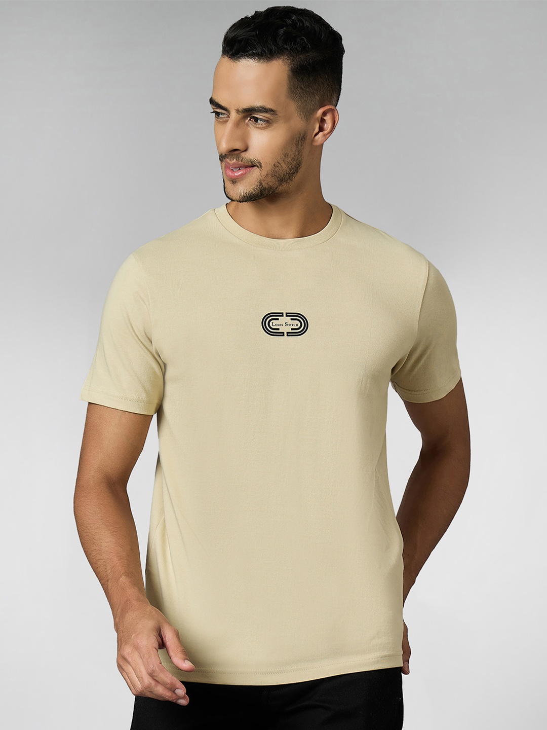 

LOUIS STITCH Men Super Combed Cotton Cream Regular Fit Round Neck T-Shirt