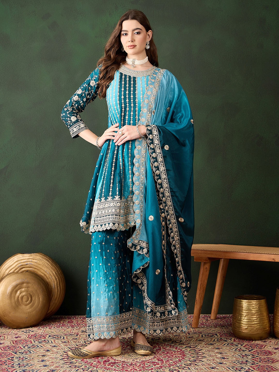 

Miss Ethnik Women Ethnic Motifs Embroidered Kurta & Palazzos With Dupatta, Blue