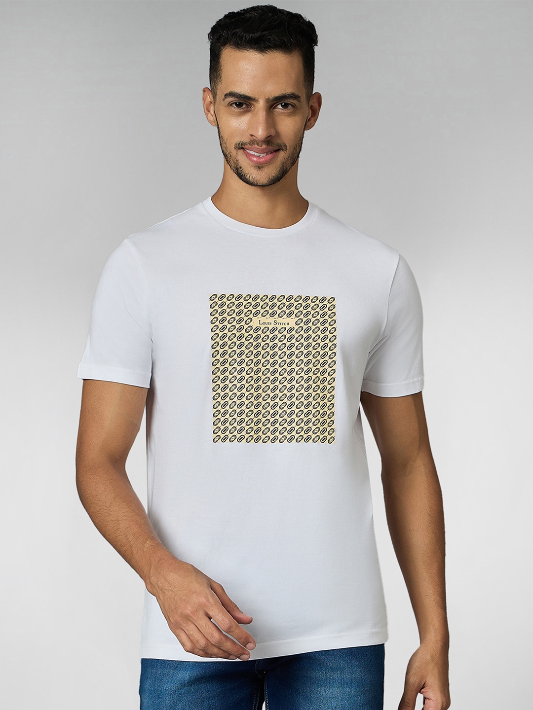 

LOUIS STITCH Men Super Combed Cotton White Regular Fit Round Neck T-Shirt