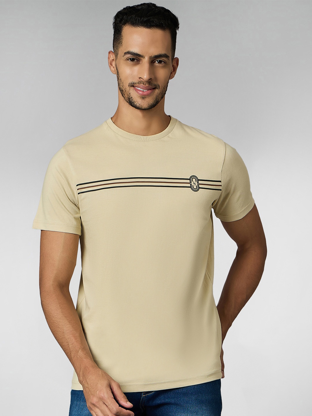 

LOUIS STITCH Men Super Combed Cotton Striped Round Neck T-shirt, Cream