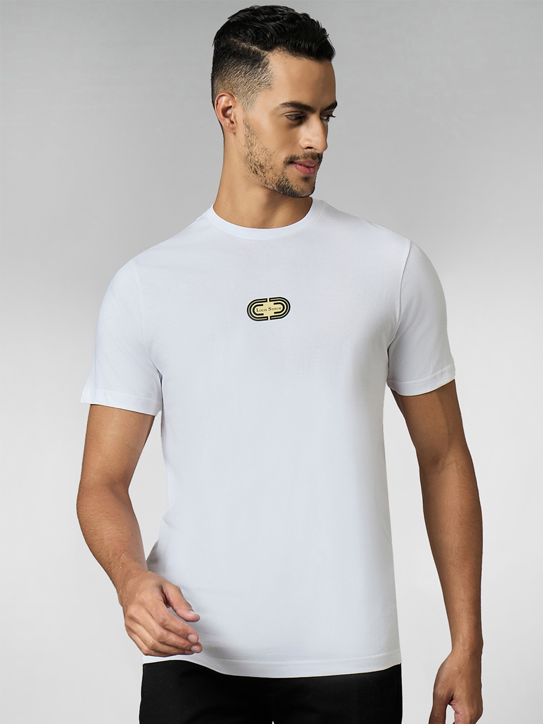 

LOUIS STITCH Men Super Combed Cotton White Regular Fit Round Neck T-Shirt
