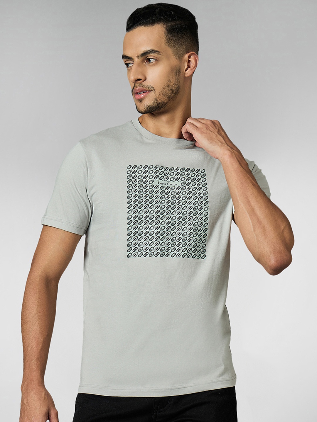 

LOUIS STITCH Men Super Combed Cotton Printed Round Neck T-Shirt, Grey