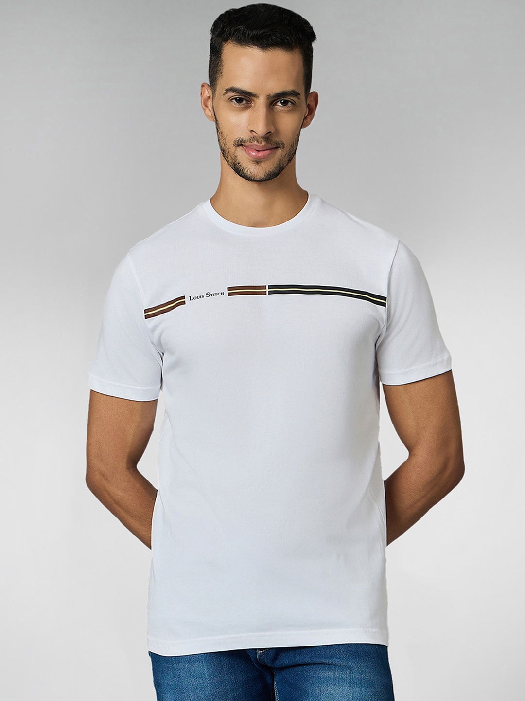 

LOUIS STITCH Men Super Combed Cotton Striped Round Neck T-shirt, White