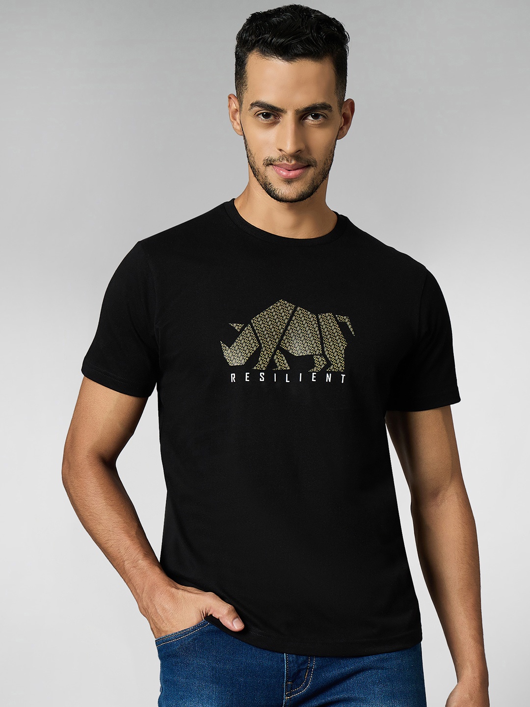 

Men Super Combed Cotton Black Regular Fit Round Neck T-Shirt