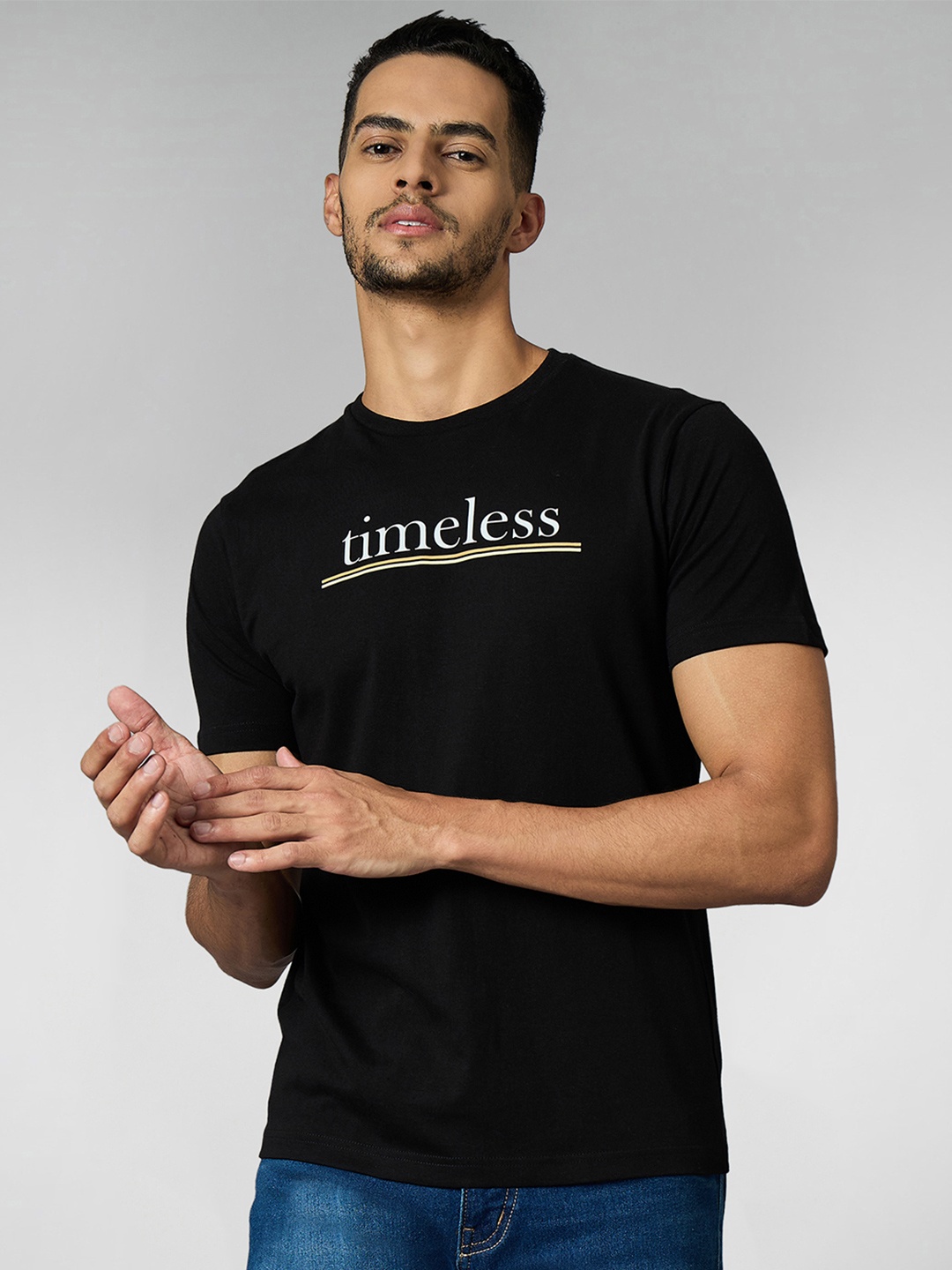 

LOUIS STITCH Men Super Combed Cotton Black Regular Fit Round Neck T-Shirt