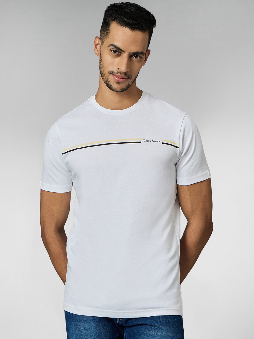 

LOUIS STITCH Men Super Combed Cotton White Regular Fit Round Neck T-Shirt