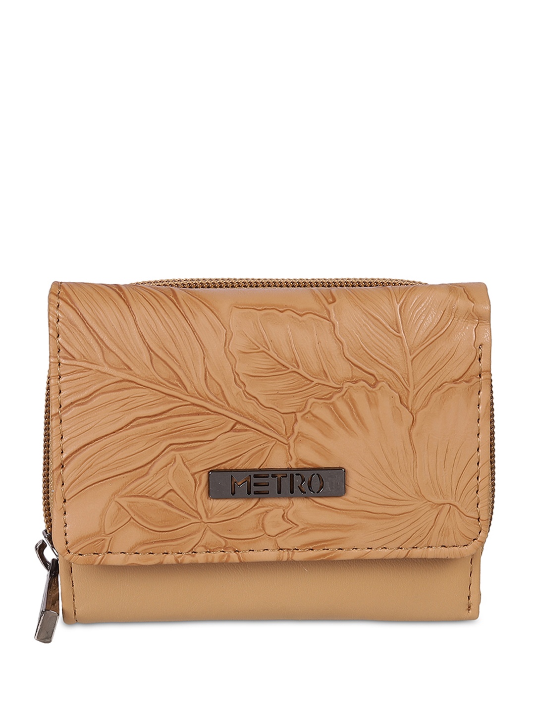 

Metro Women Self Design Zip Around Wallet, Beige