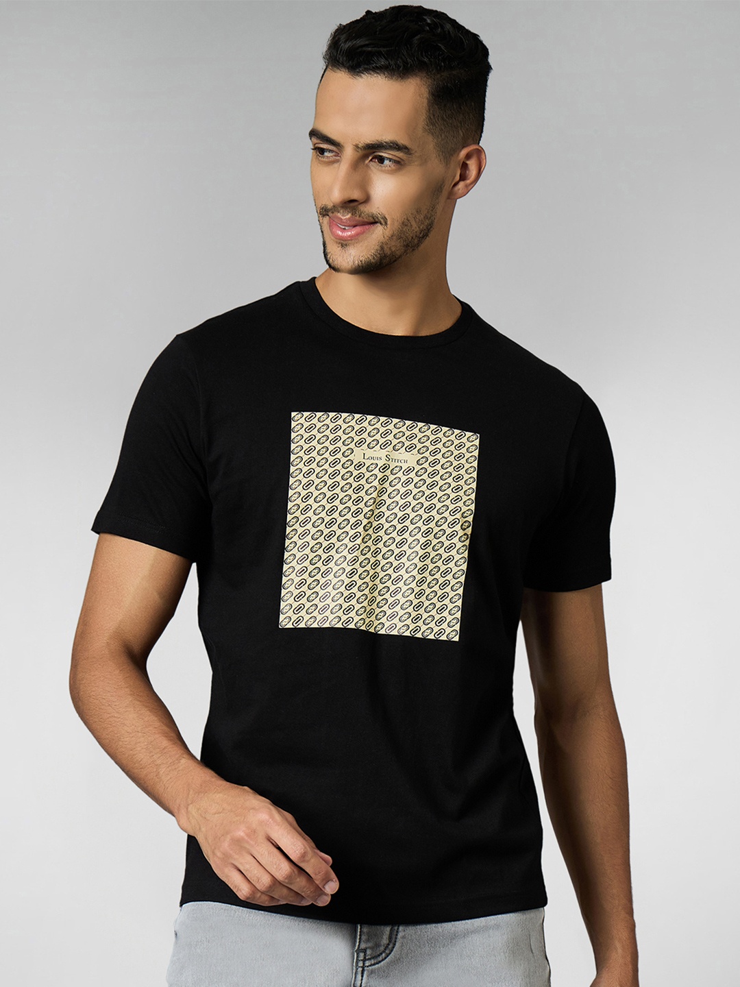 

LOUIS STITCH Men Super Combed Cotton Printed Round Neck T-Shirt, Black
