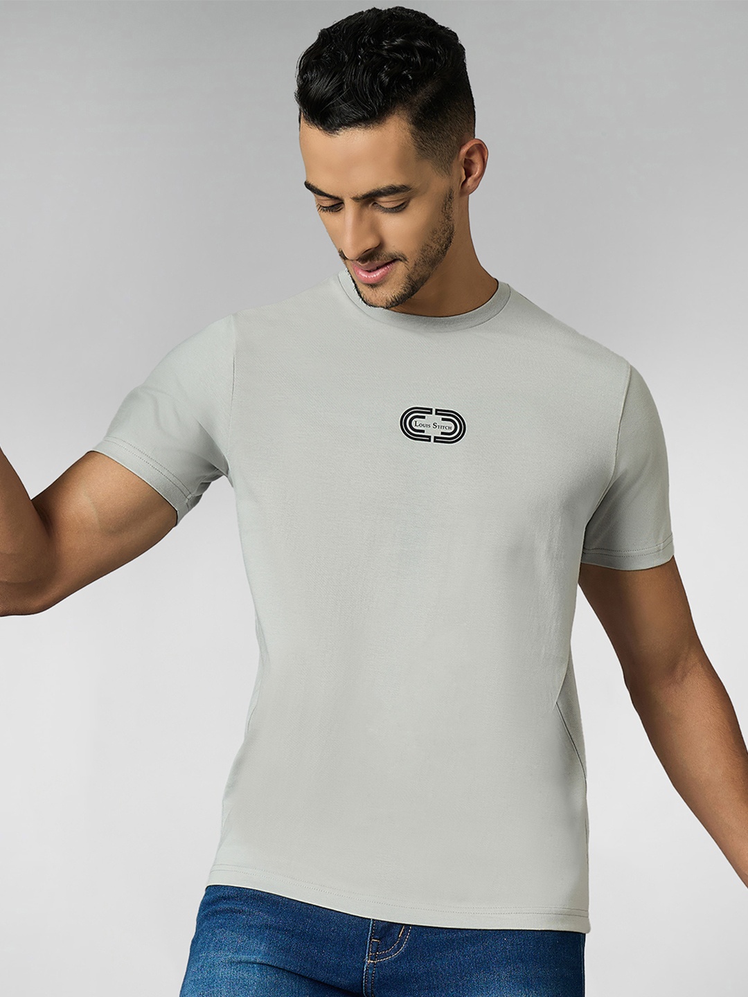 

LOUIS STITCH Men Super Combed Cotton Grey Regular Fit Round Neck T-Shirt