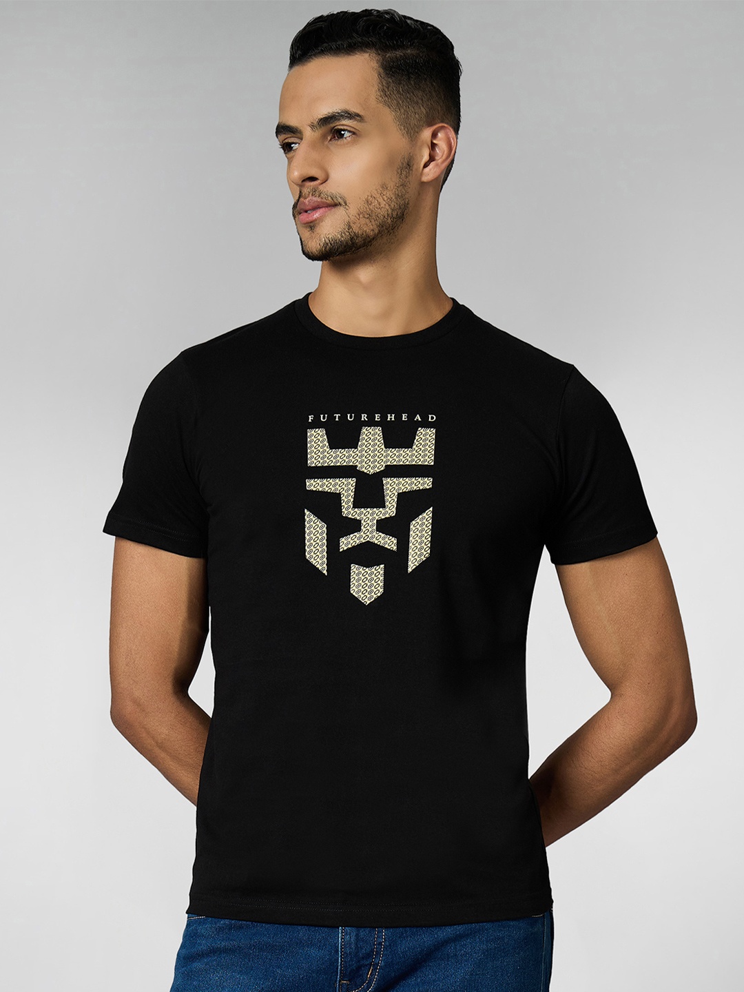 

LOUIS STITCH Men Super Combed Cotton Black Regular Fit Round Neck T-Shirt