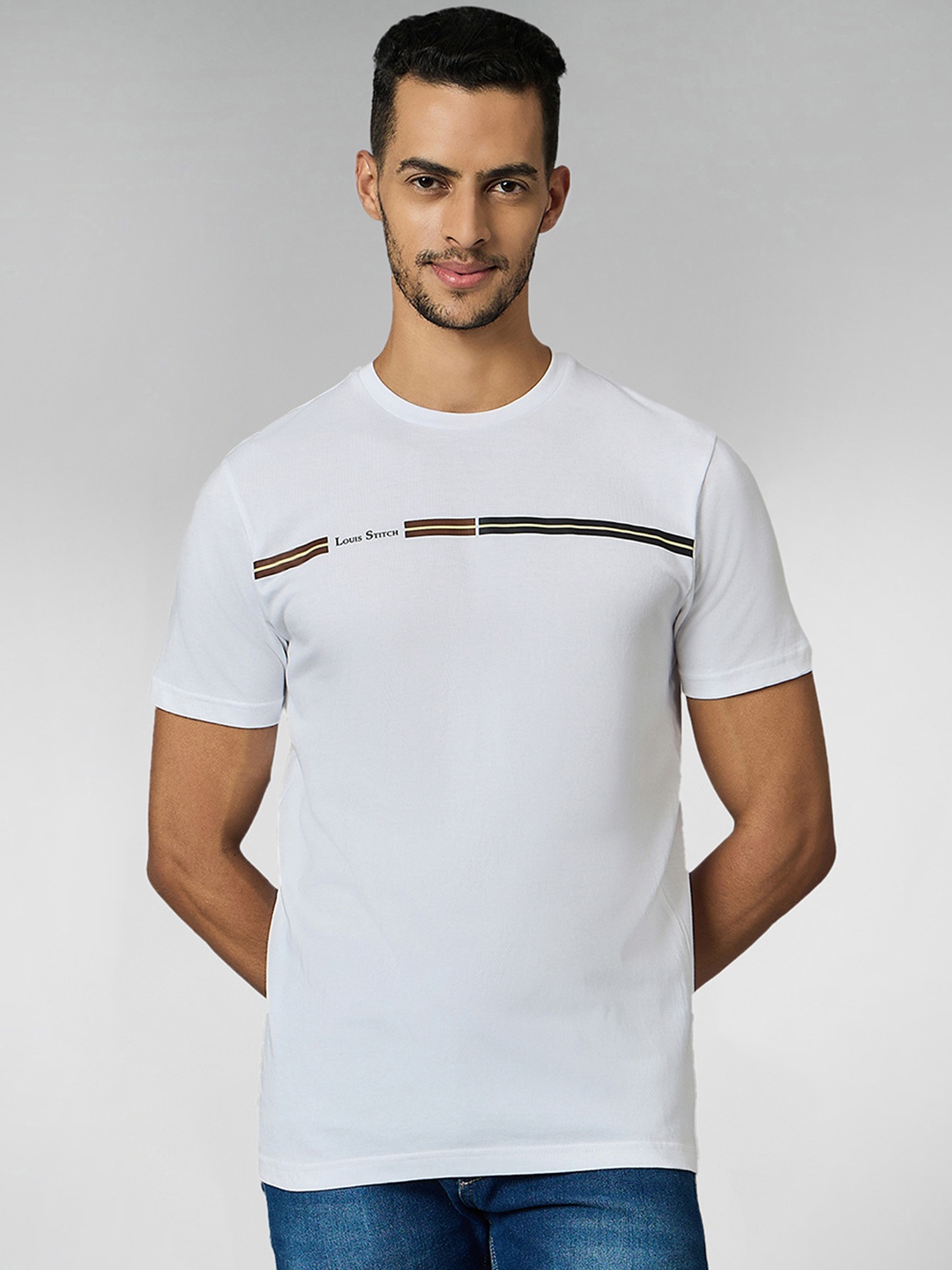 

LOUIS STITCH Men Super Combed Cotton Striped Round Neck T-Shirt, White