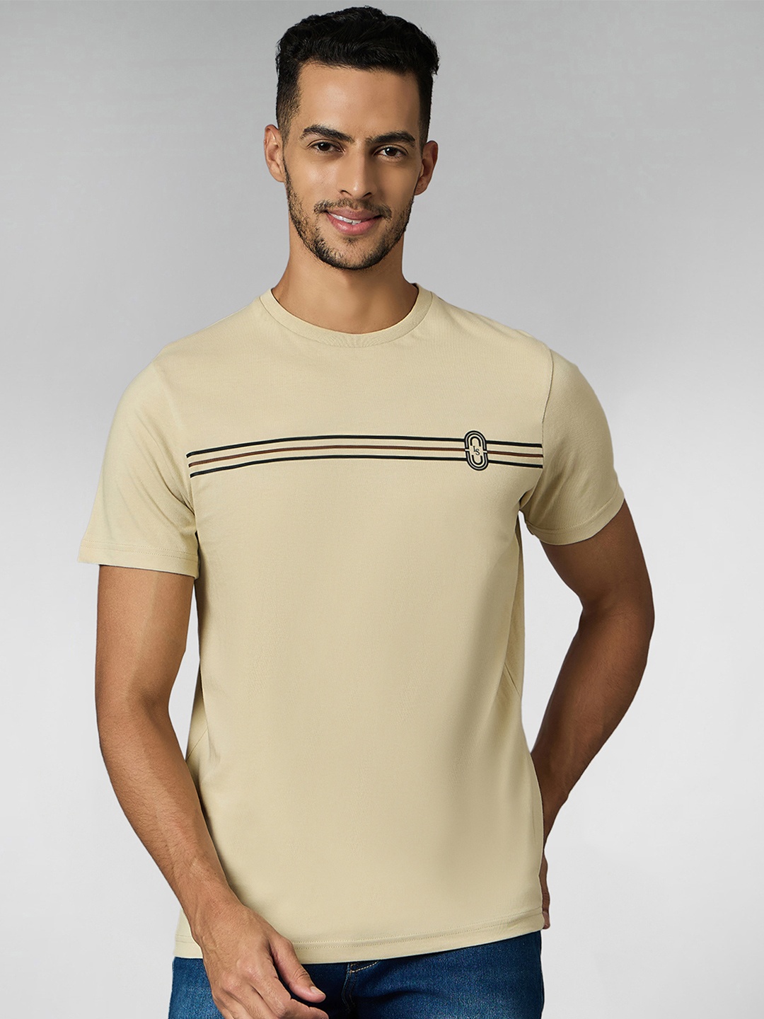 

LOUIS STITCH Men Super Combed Cotton Striped Round Neck T-Shirt, Cream