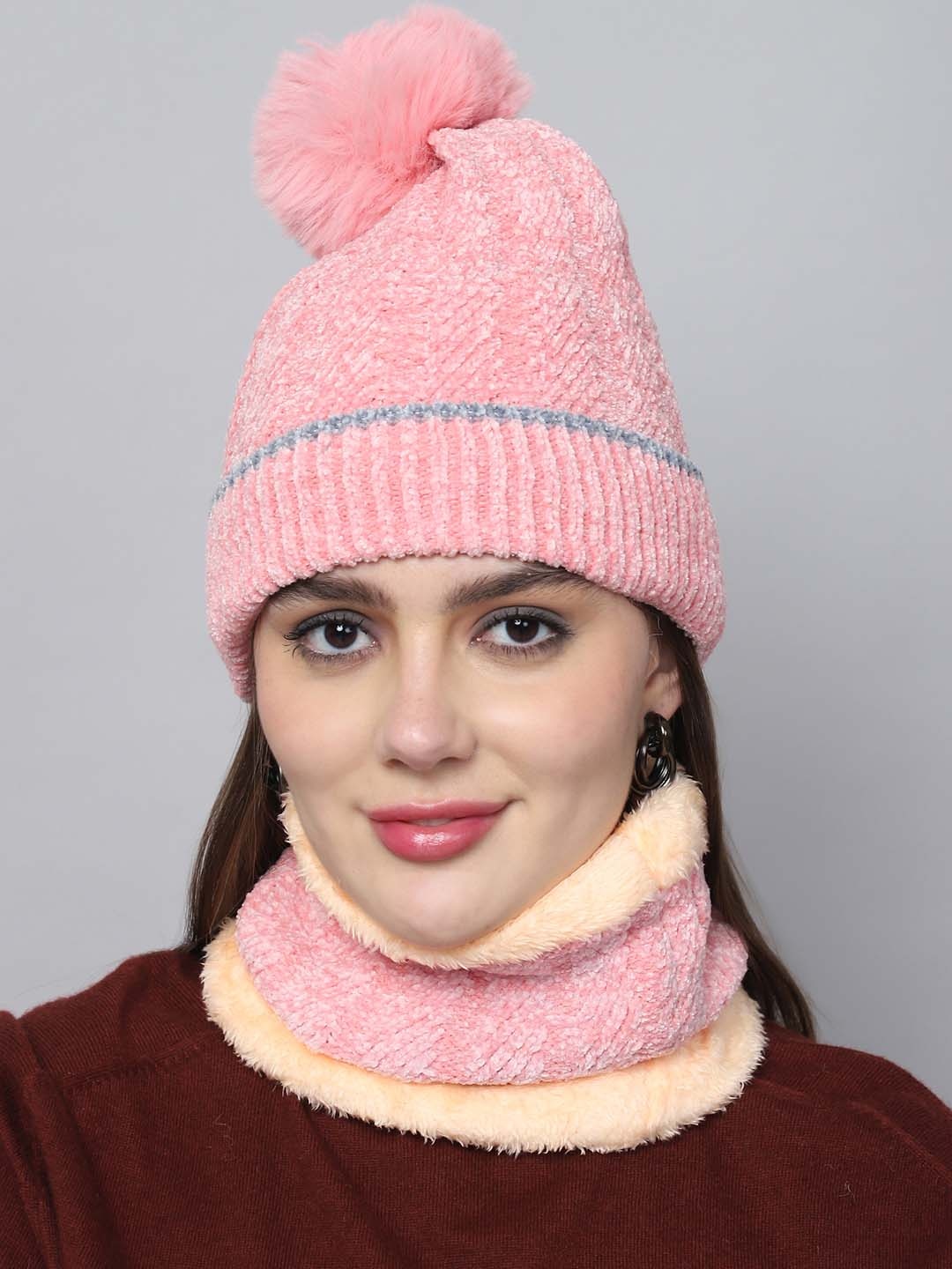 

ELLIS Women Self Design Beanie With Neck Cover, Pink