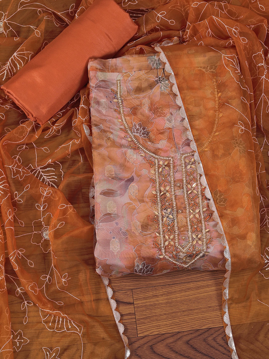 

Jaipur Kurti Sequinned Organza Dress Material with Embellished Dupatta, Orange