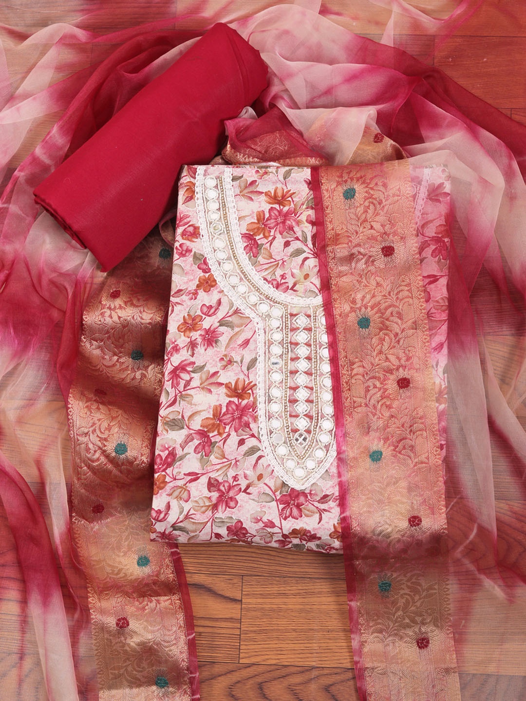 

Jaipur Kurti Embellished Cotton Blend Dress Material with Dupatta, Pink