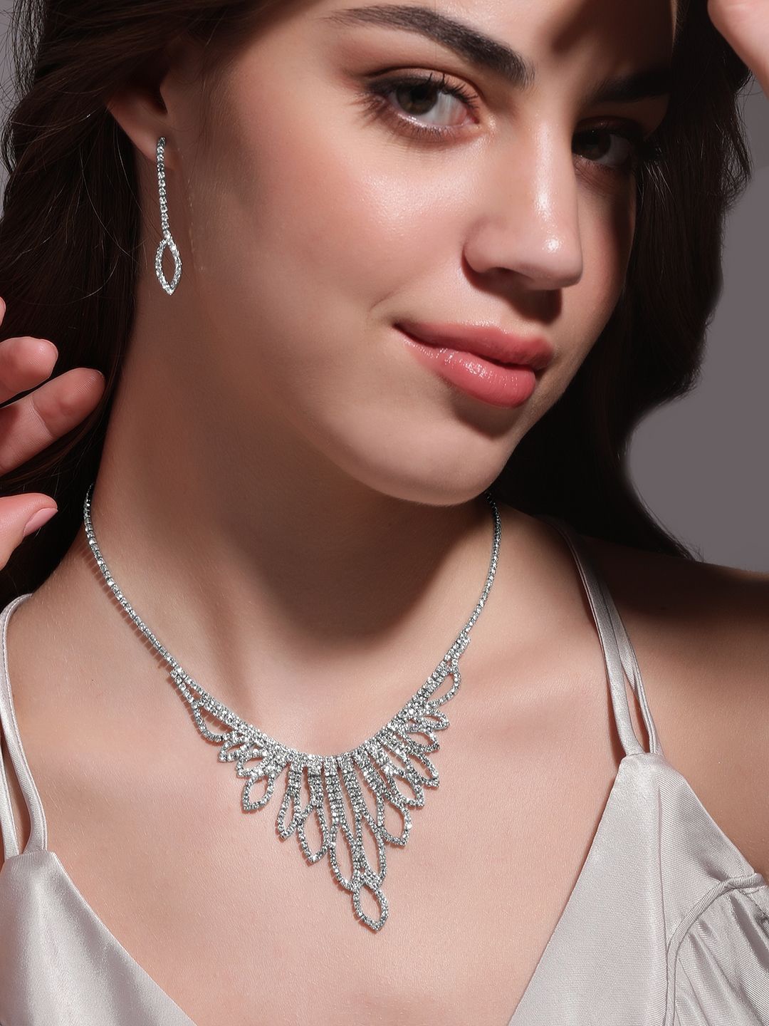 

Rubans Rhodium Plated Cubic Zirconia Studded Statement Necklace Set, Silver