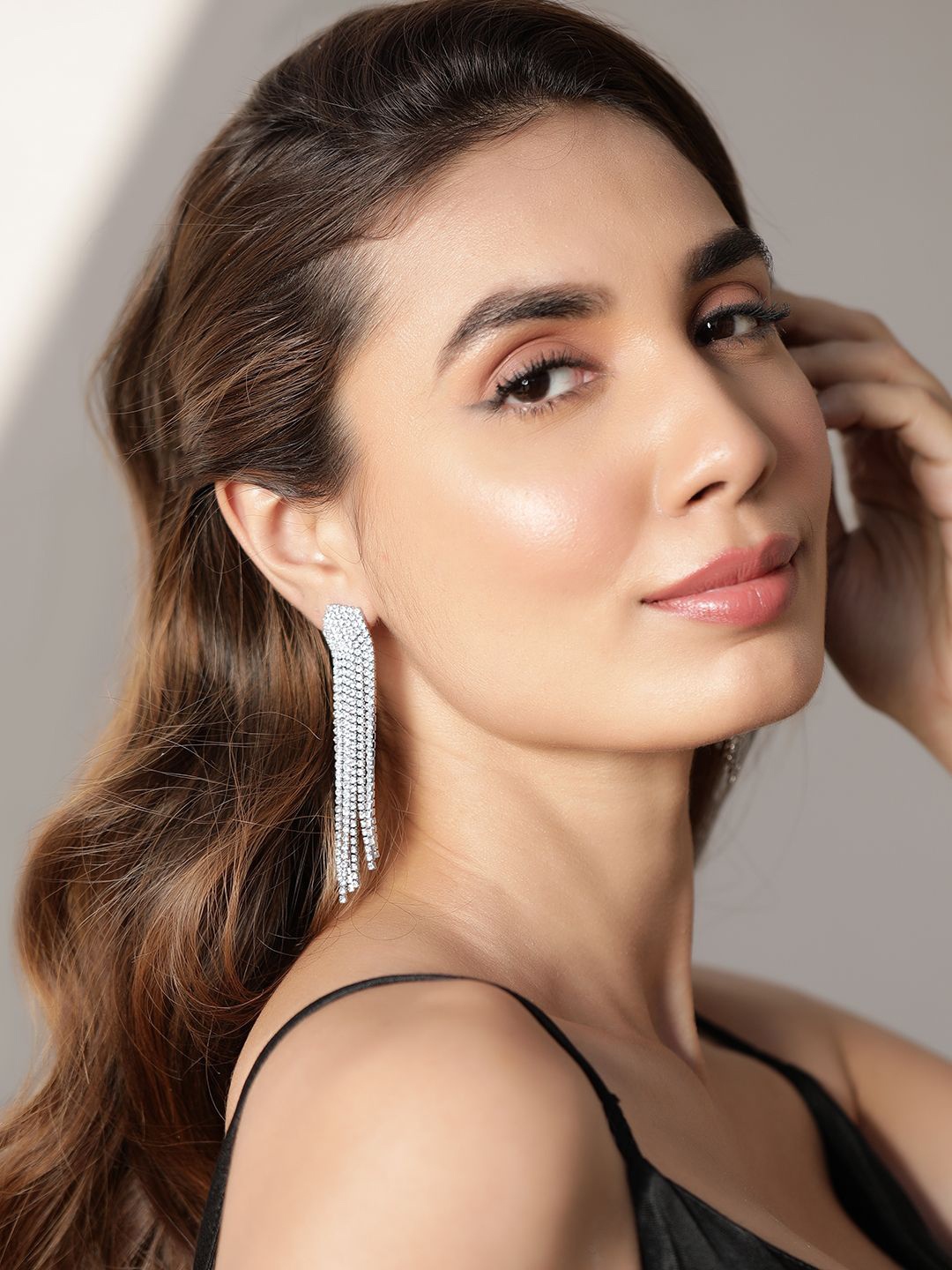

Rubans Rhodium Plated Multilayer Cubic Zirconia Studded Long Drop Earrings, Silver