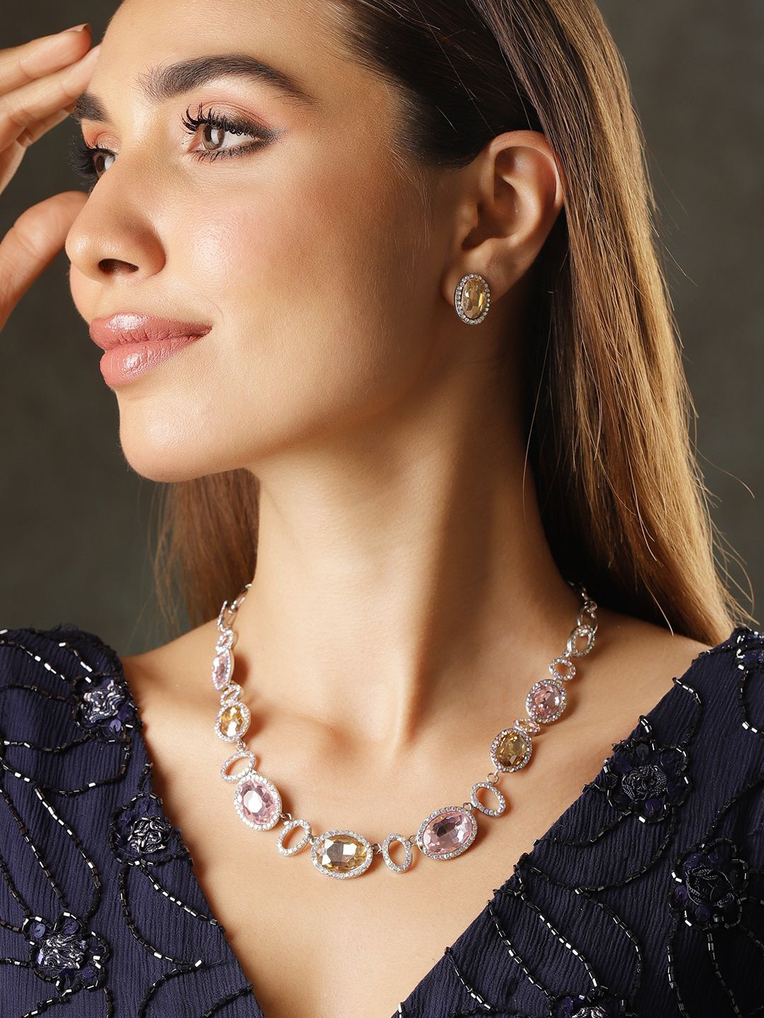 

Rubans Rhodium Plated Pink & Golden Oval Cubic Zirconia Studded Statement Necklace Set, Silver