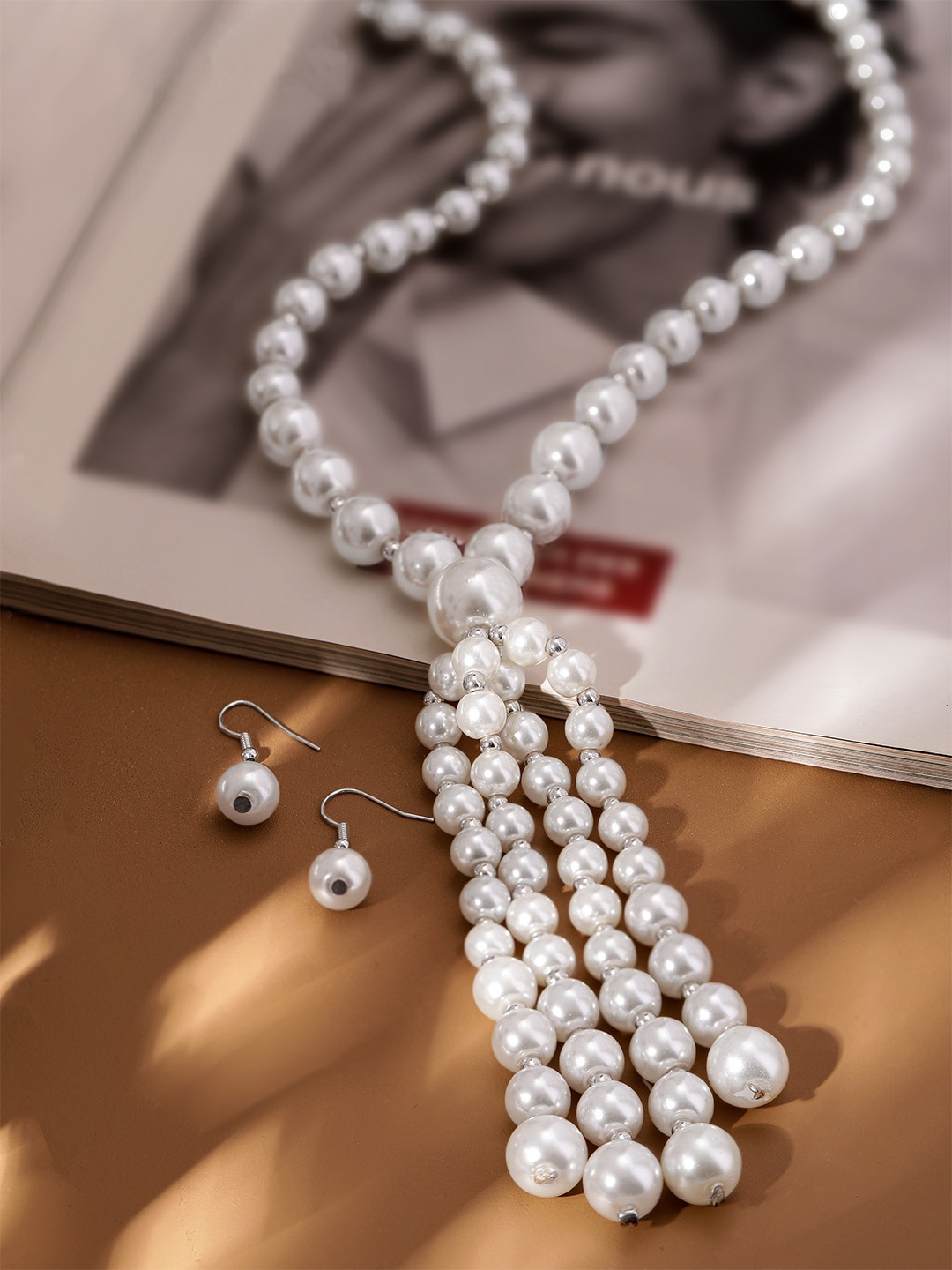 

Rubans Silver Plated White Pearl Beaded Multi-Layer Long Statement Necklace Set