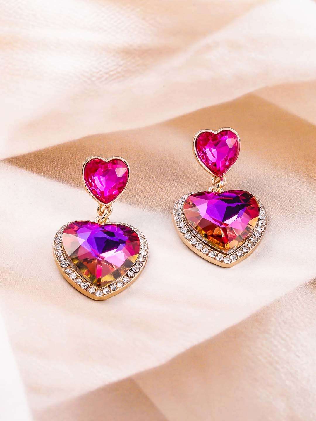 

Rubans 18K Gold Plated Pink Heart Shape Crystal Zicronia & Multicolor Accent Drop Earrings